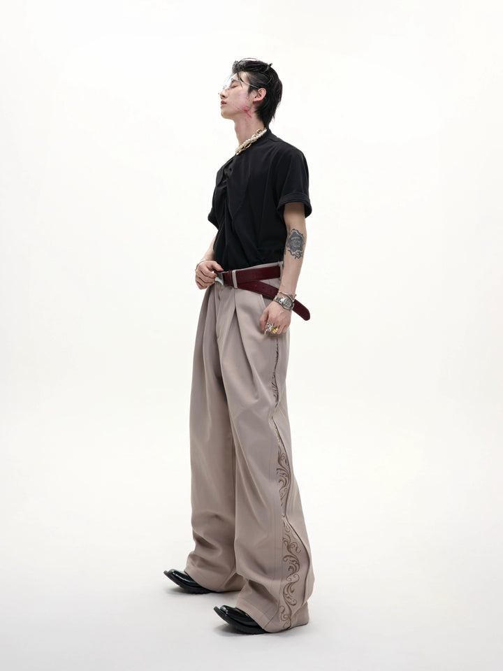 Pantalones casuales de pierna ancha plisados bordados 