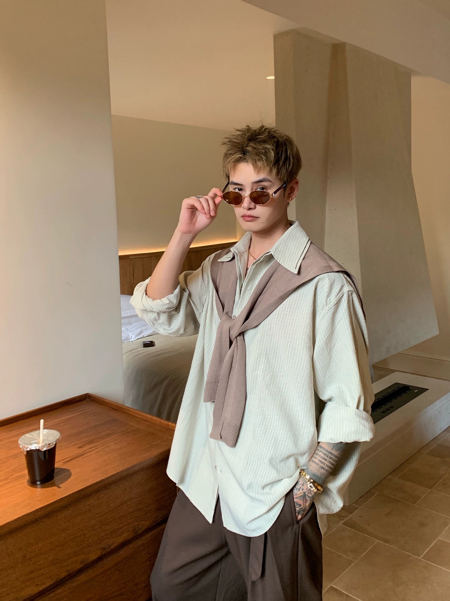 Retro Plise Çizgili İki Parça Gömlek 