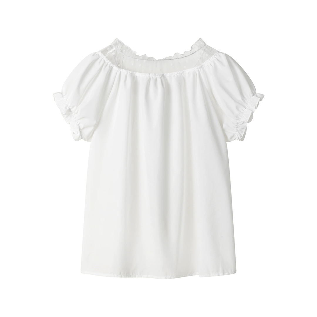 Lace Pleated Short Sleeve Button Shirt