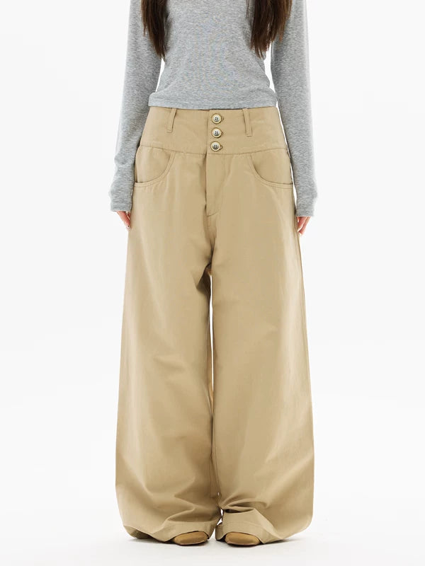 하이웨이스트 와이드 레그 버튼 프론트 팬츠 