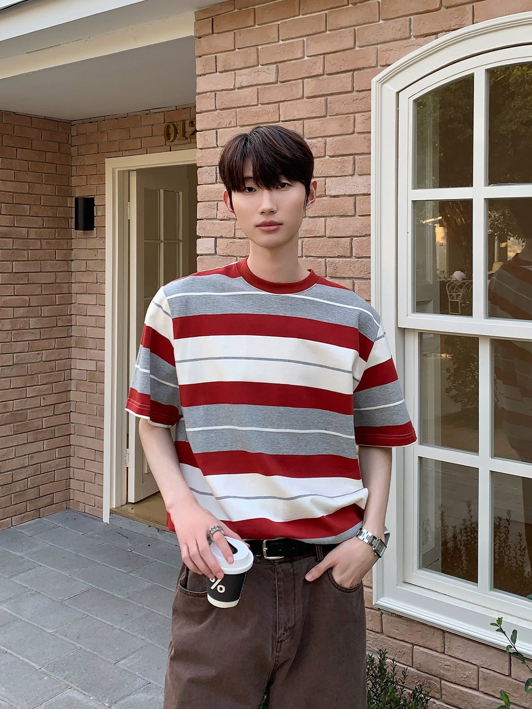 줄무늬 라운드 넥 캐주얼 풀오버 