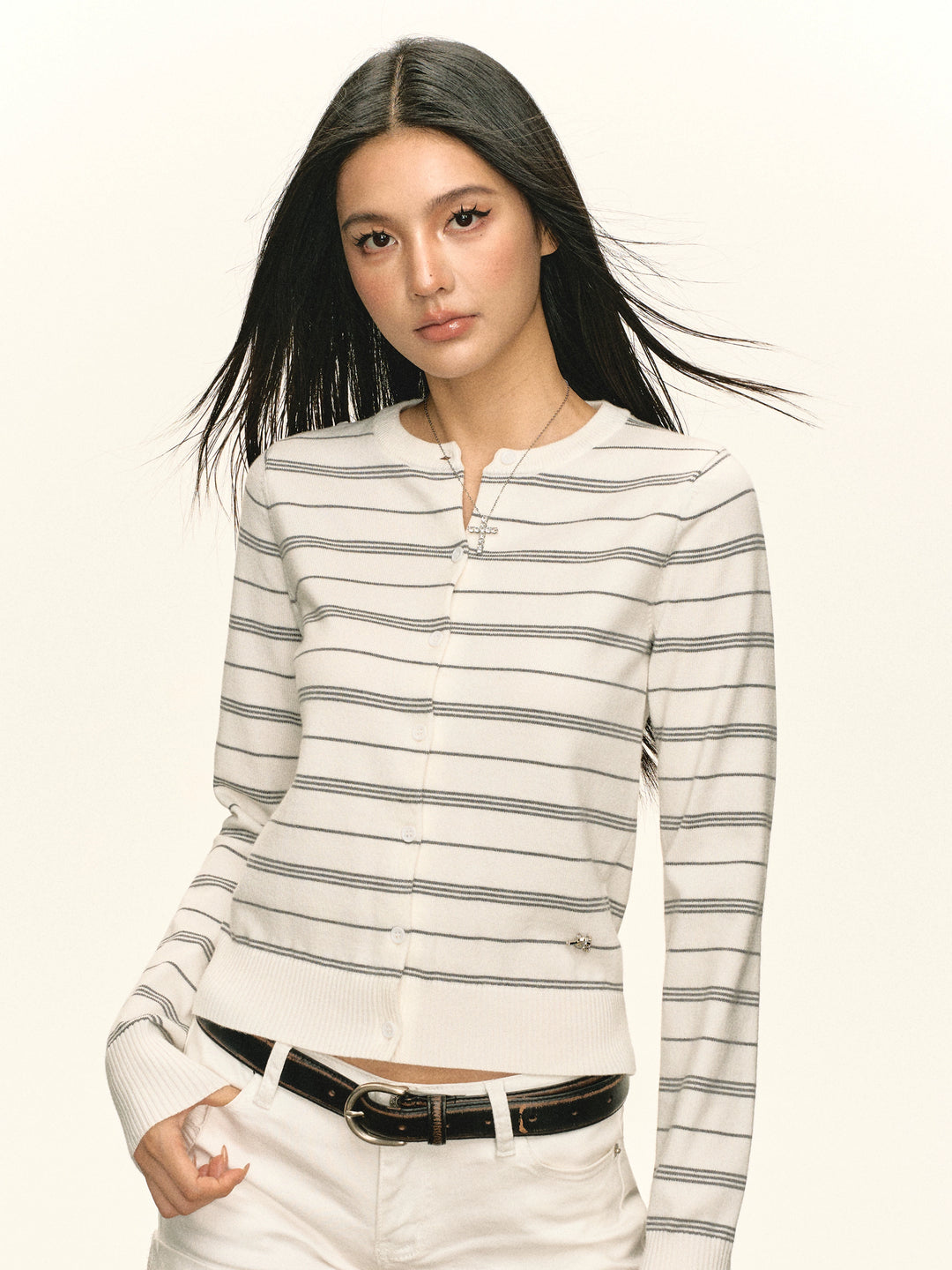 Stripet strikket knappet cardigan genser 