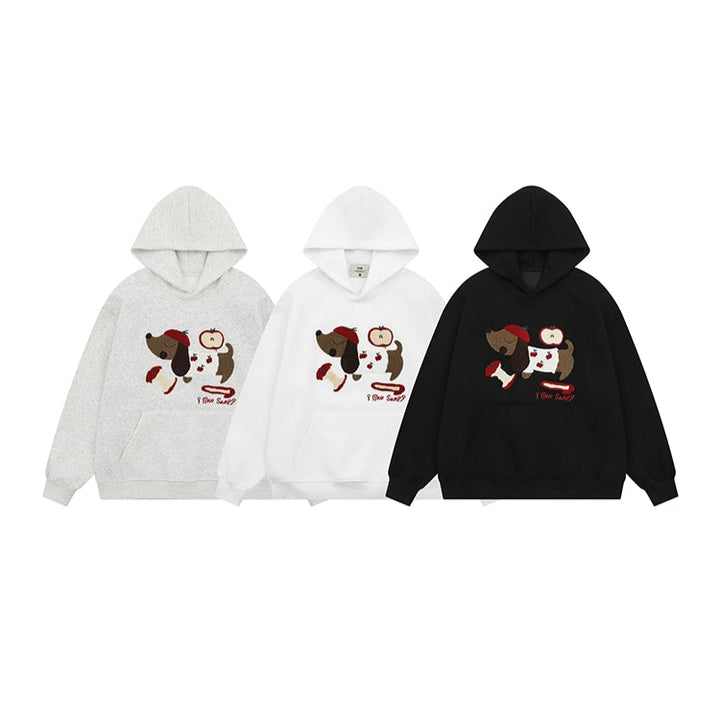 Embroidered Dog Graphic Hooded Sweatshirt
