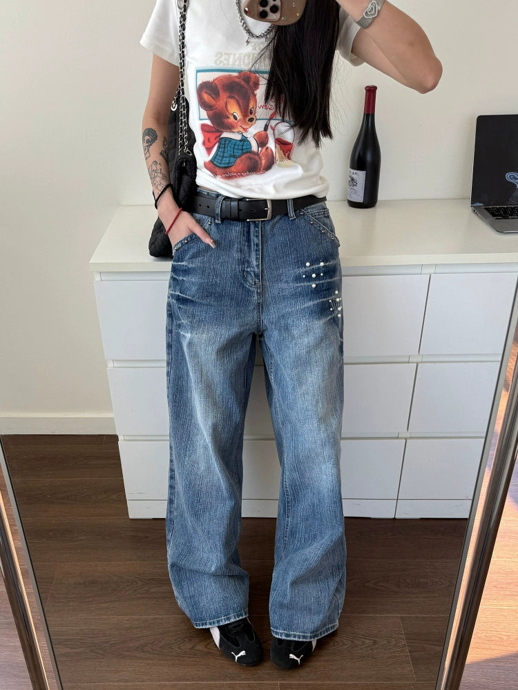Distressed Wide Leg Pearl Detail Jeans