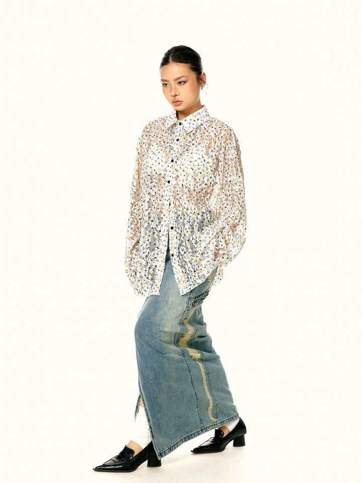 Floral Mesh Retro Pleated Shirt