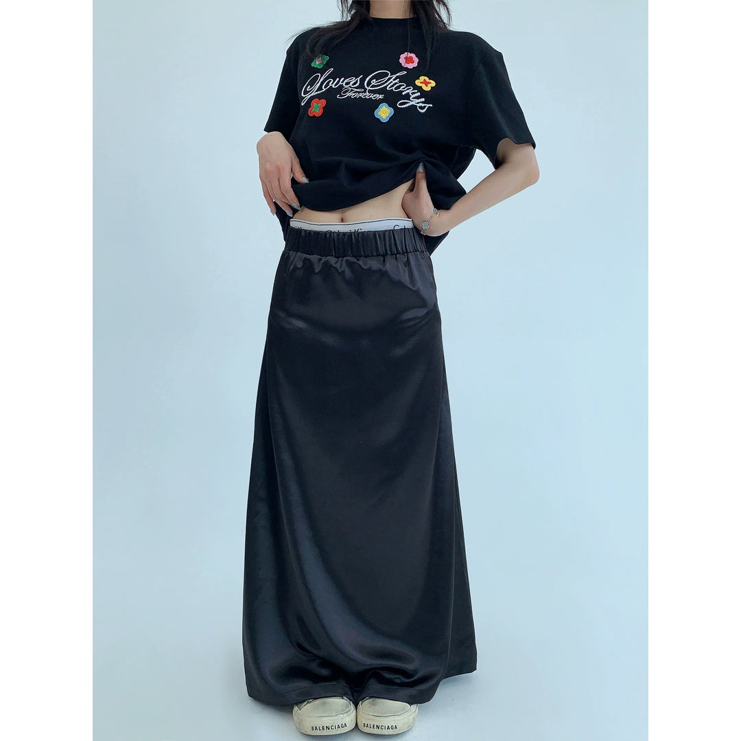 エラスティックウエスト付きサテンマキシストレートスカート 
