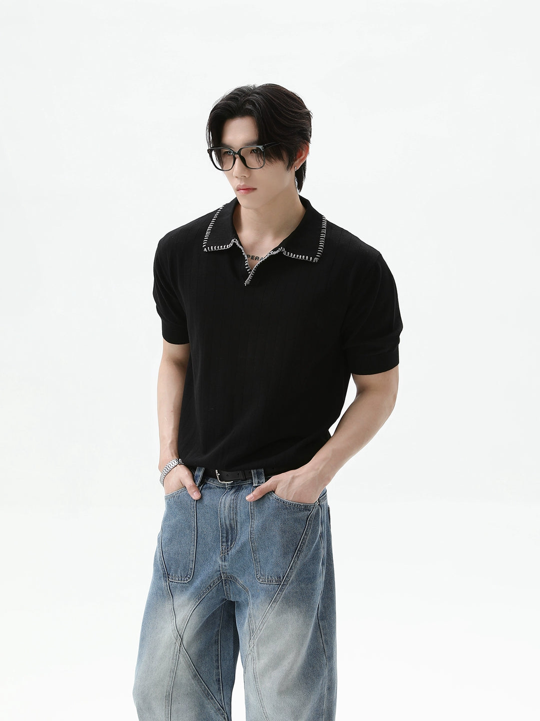 Stitching Lapel Knitted Polo Shirt