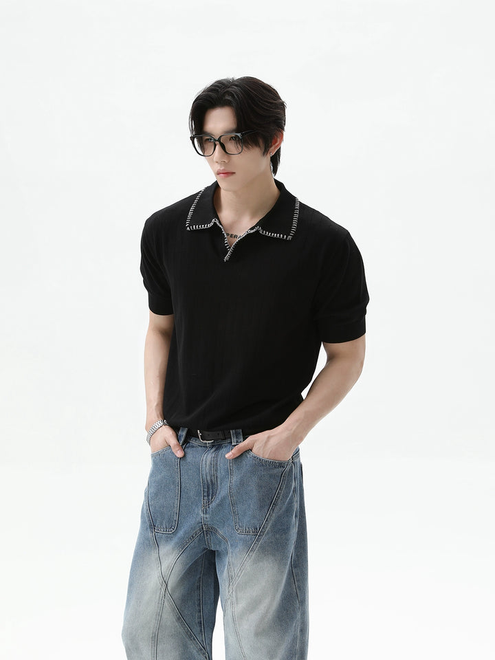 Stitching Lapel Knitted Polo Shirt