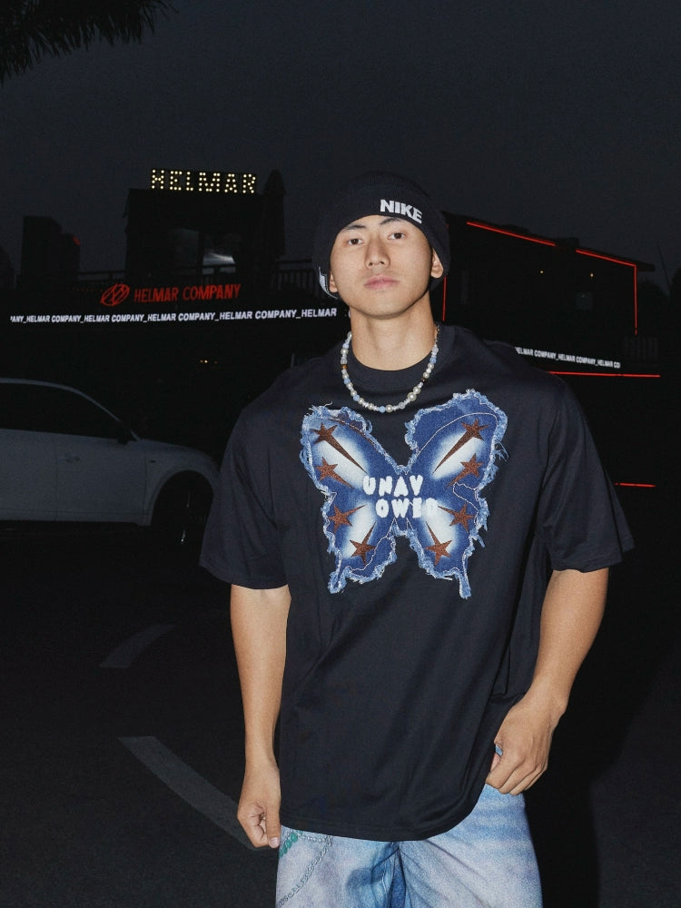 Camiseta suelta con bordado de mariposa 