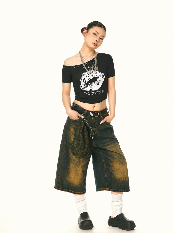 Off-Shoulder Rivet Graphic Top