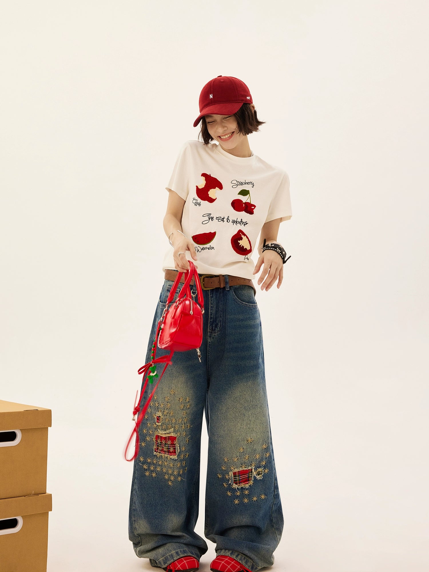 Fruit Embroidery Short Sleeve Casual T-Shirt