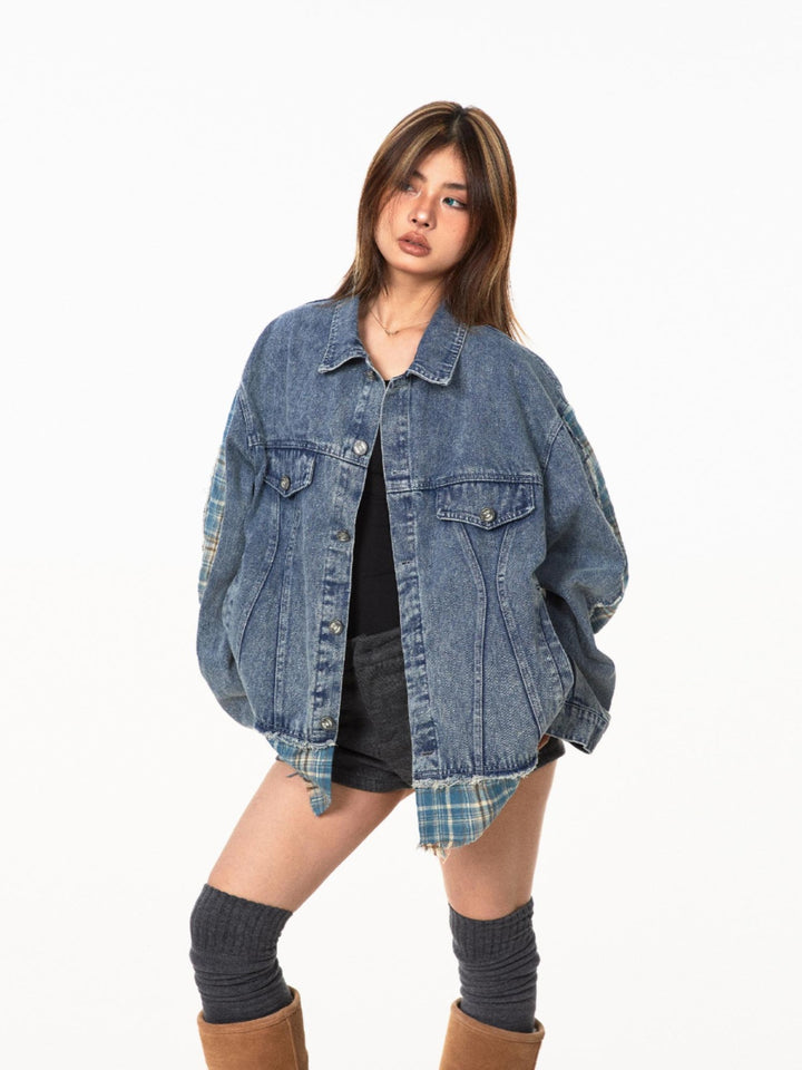 Kariertes gestepptes Denim-Jacke 