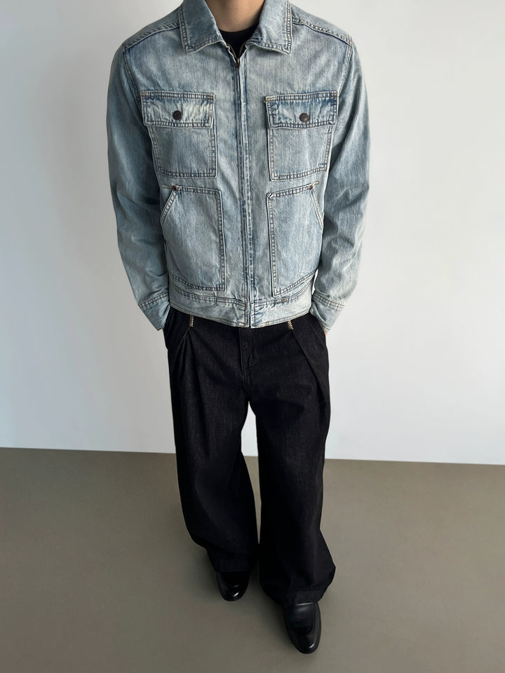 Gestresste Denim-Multi-Taschen-Arbeitsjacke 