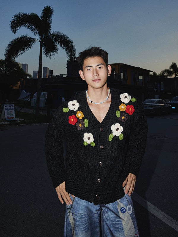 Floral Knit Button Cardigan Sweater