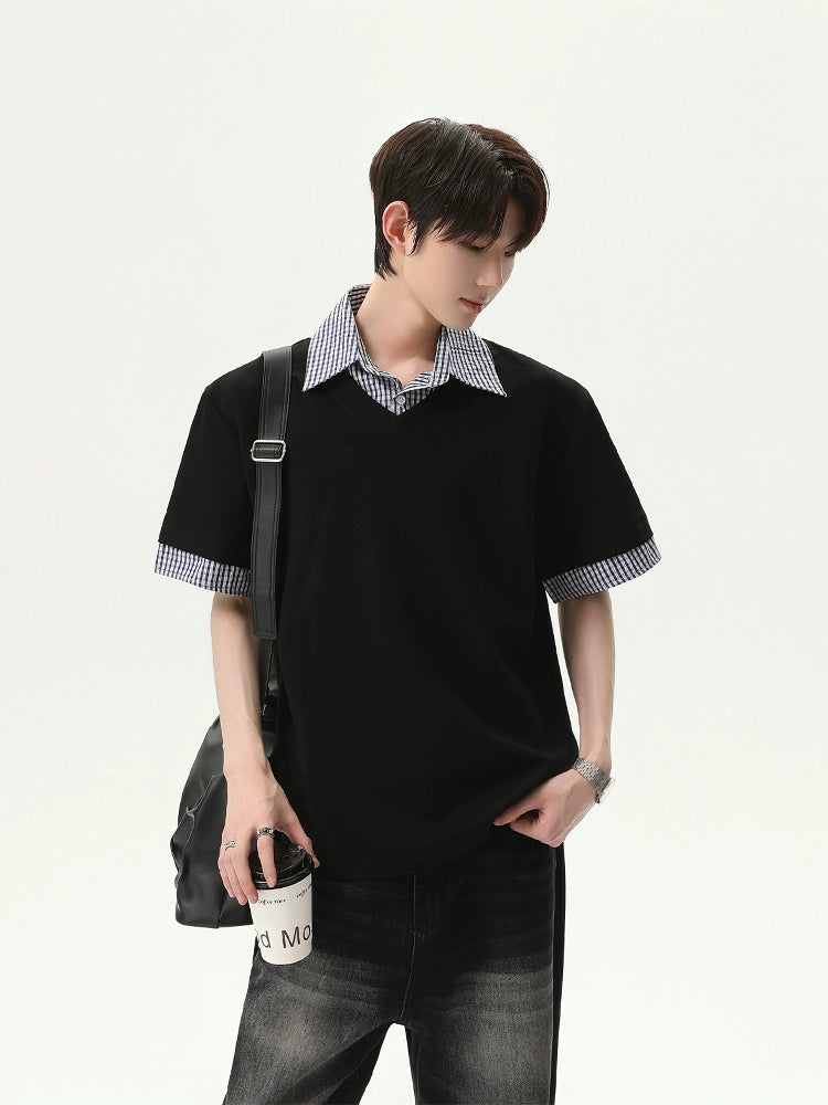 Plaid Collar Short Sleeve Pullover