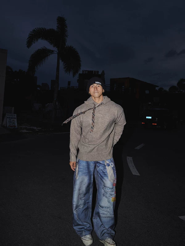 Sweat à capuche en tricot à carreaux décontracté 