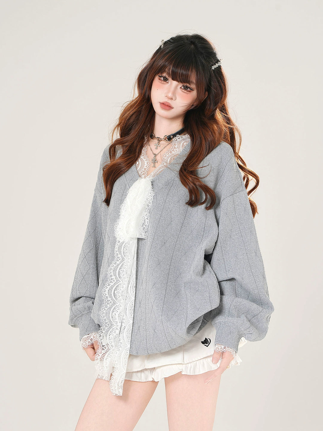 Lace Trim V-Neck Knitted Sweater