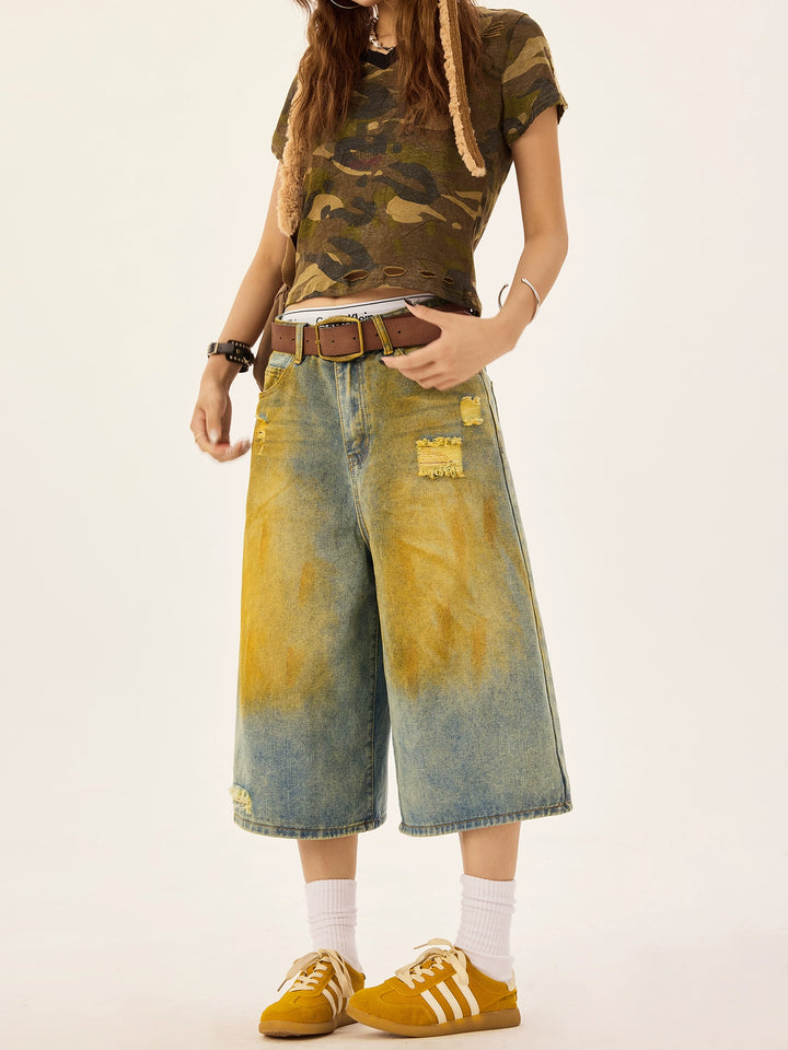 Baggy Wide-Leg Cropped Denim Pants