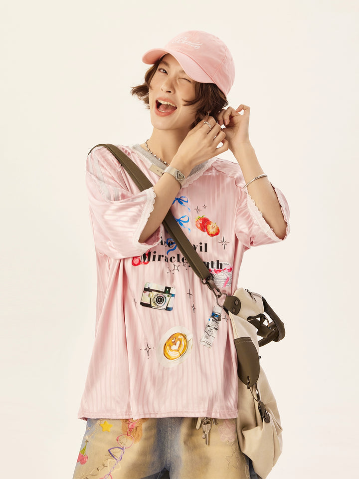 Lace V-Neck Graphic Jersey T-Shirt