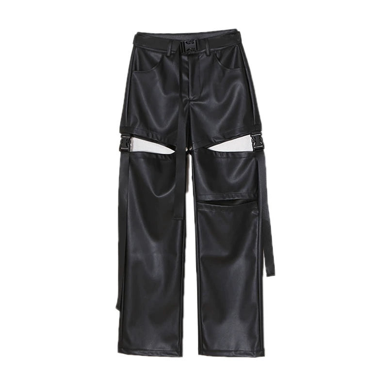 Hollow Out Buckle Loose Leather Pants