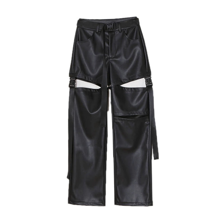 Hollow Out Buckle Loose Leather Pants