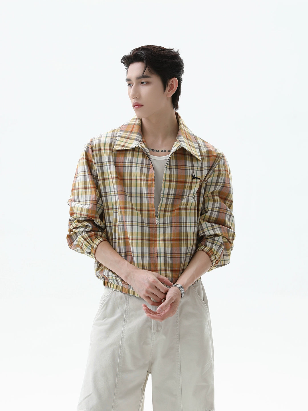 Veste à manches élastiques rétro en broderie écossaise 