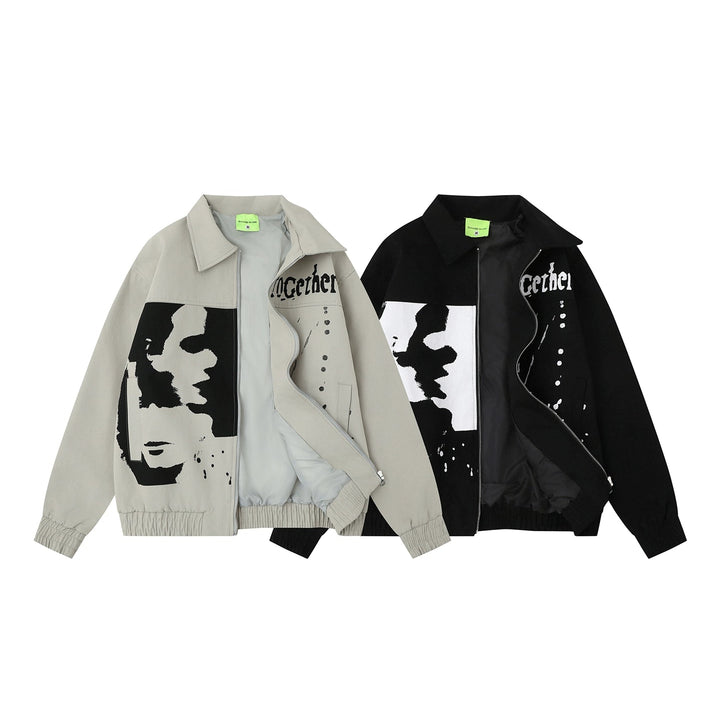 Retro Printed Lapel Zip-Up Jacket