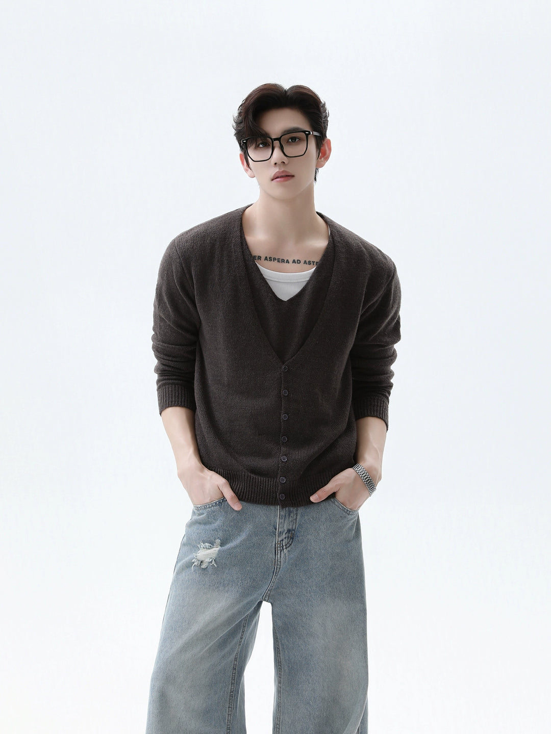 V-neck Wool Knit Cardigan Sweater