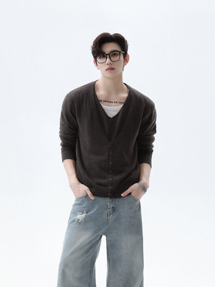 V-neck Wool Knit Cardigan Sweater