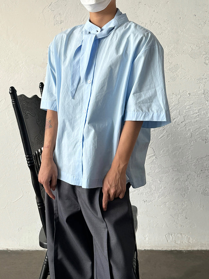 Short-Sleeve Ribbon Collar Shirt