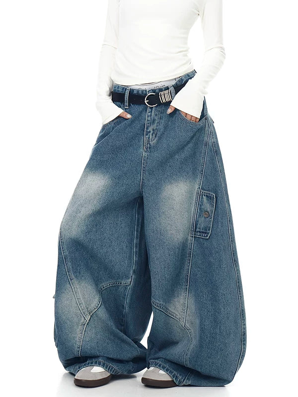 Pantalones de mezclilla cargo de múltiples bolsillos de pierna ultra ancha 