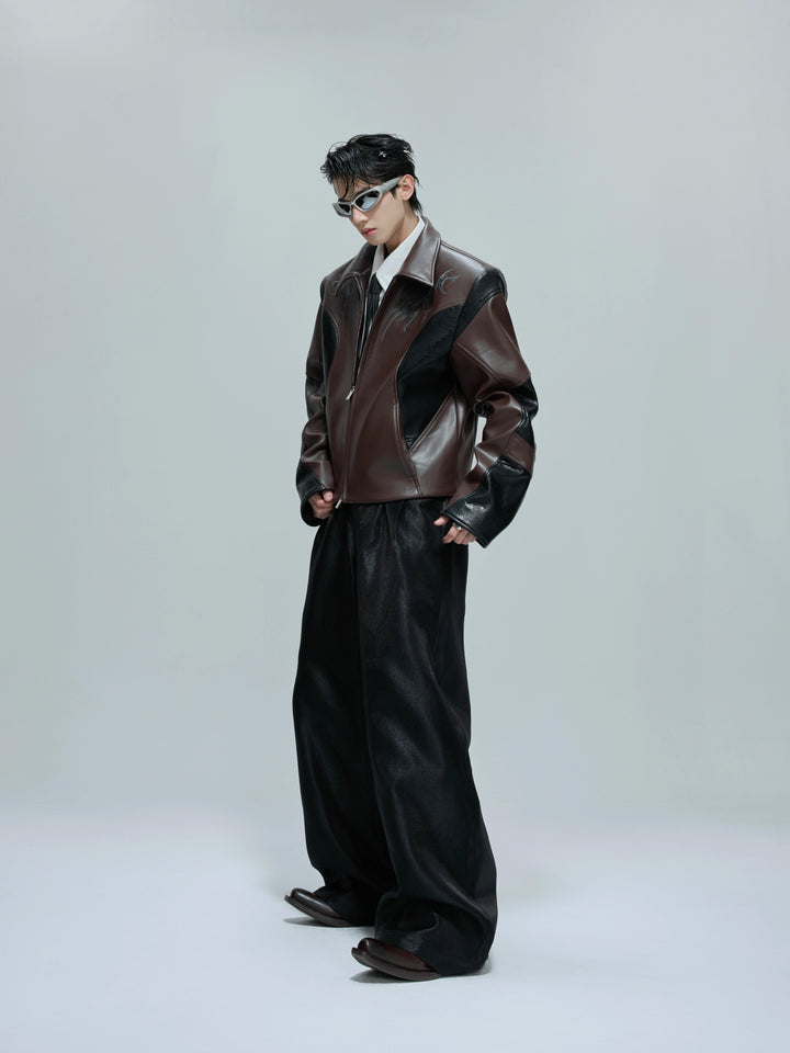 Contrast Stitch Pattern Leather Jacket