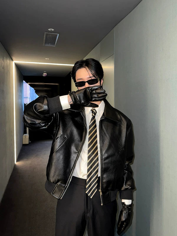 Padded Shoulder Short Leather Jacket