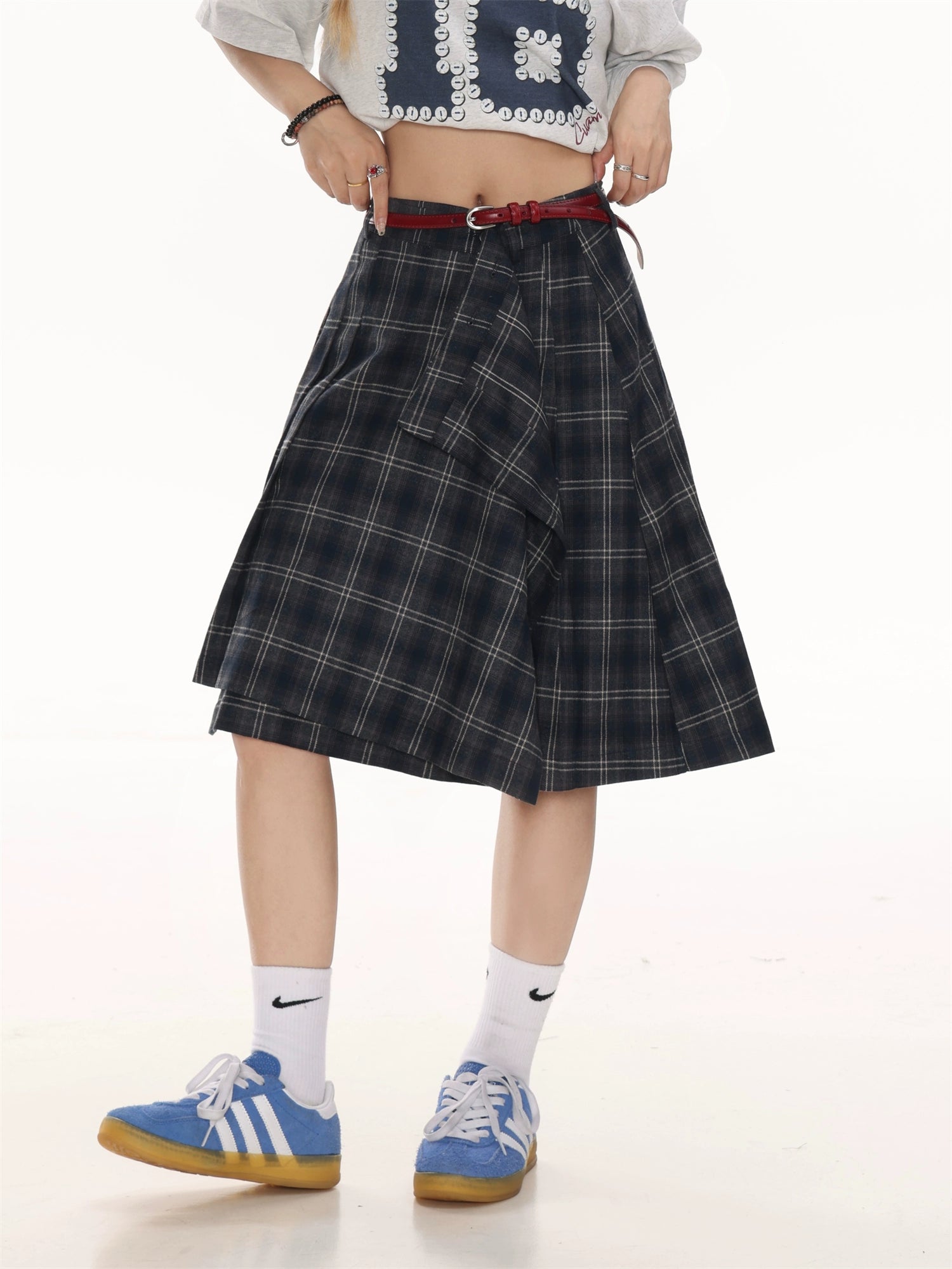 Gekräuselte karierte lockere Rock mit Einsätzen 