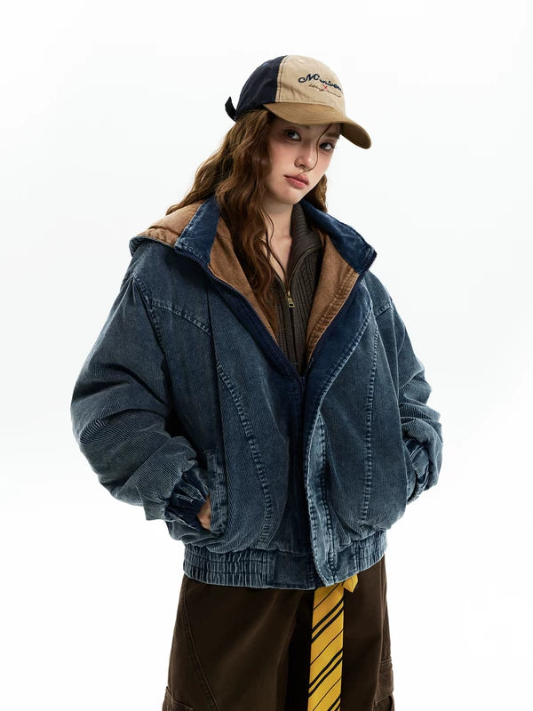 Jaqueta Bomber com Capuz de Veludo Cotele com Zíper 