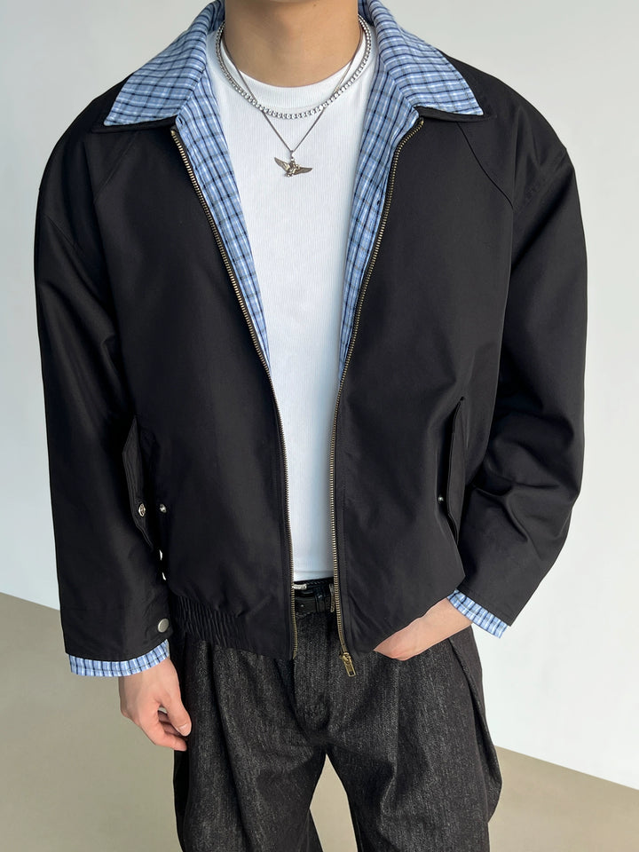 Plaid Collar Short Zip Flight Jacket