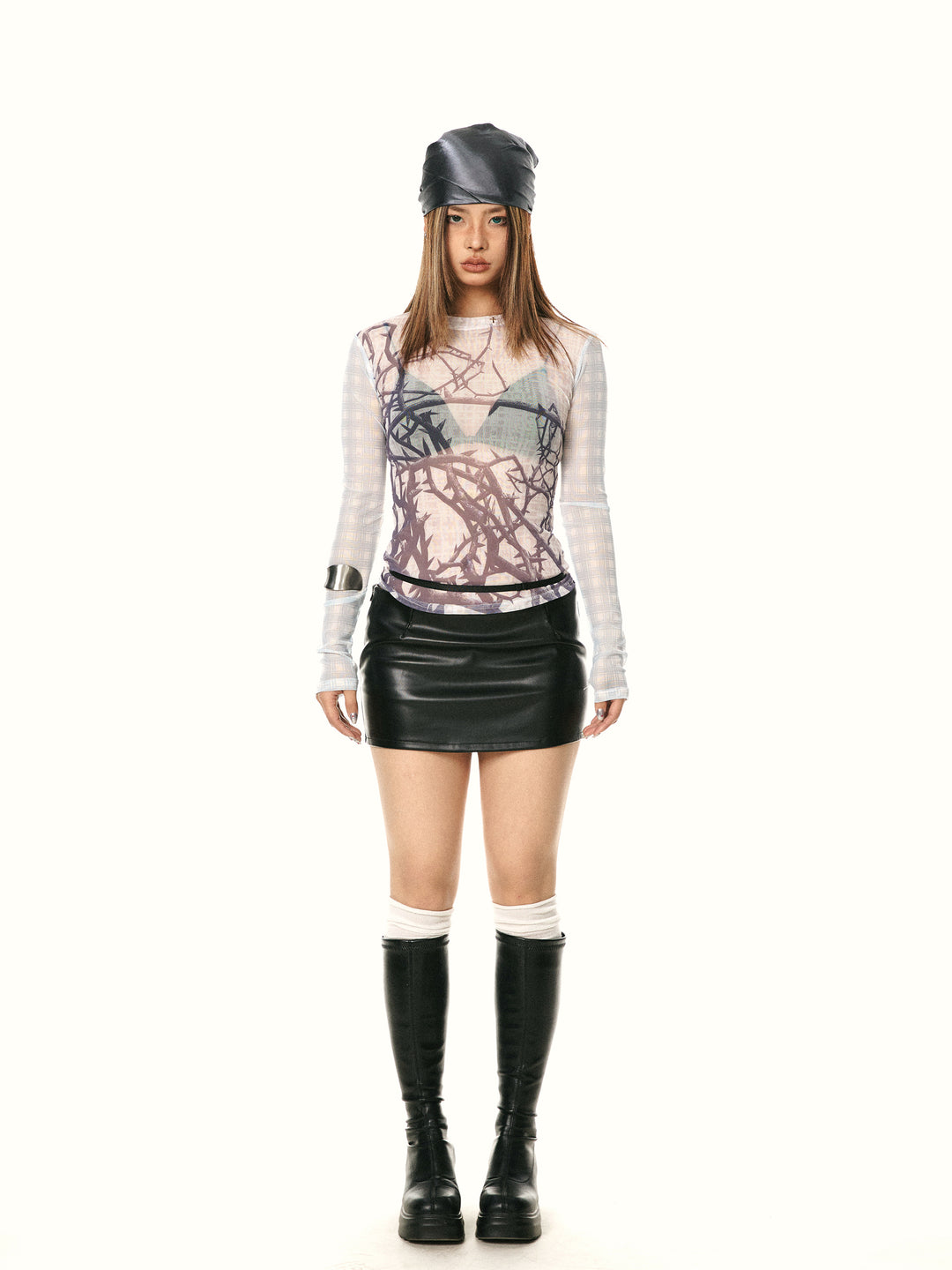 Mesh Plaid See-through Slim Turtleneck