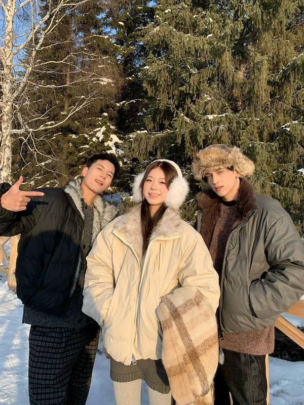 Stand-Collar Faux Fur Trim Puffer Jacket