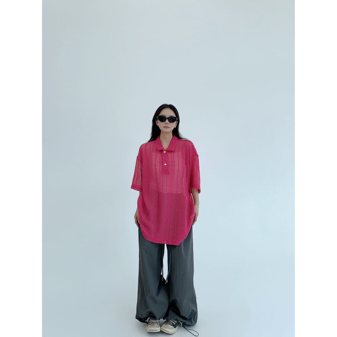 Hollow Knit Polo Collar Short Sleeve Top