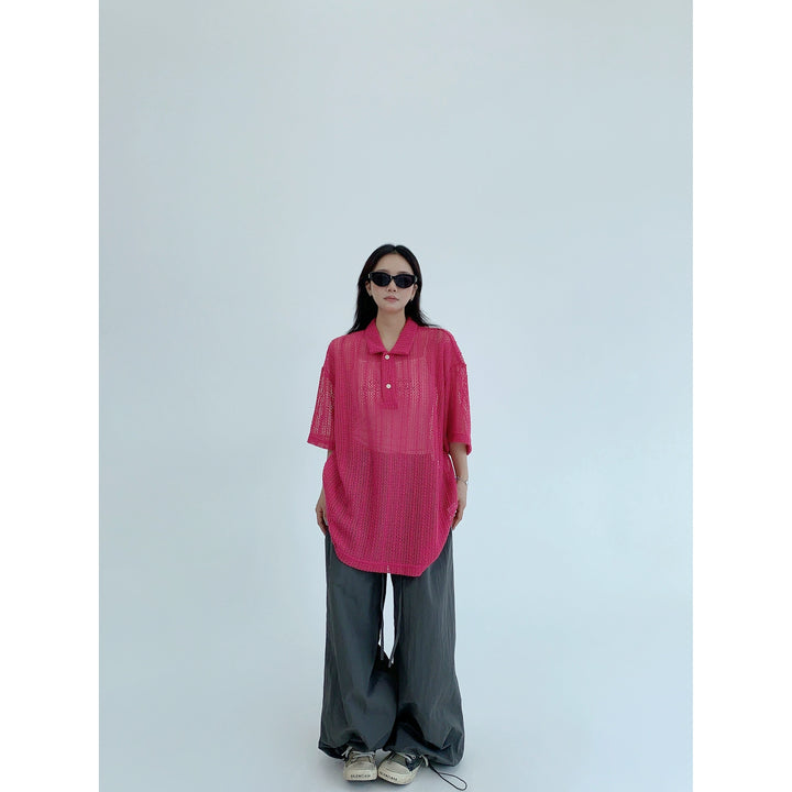 Hollow Knit Polo Collar Short Sleeve Top