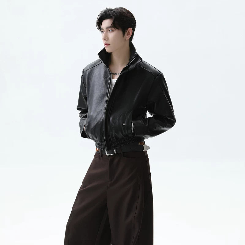 Oversized Leather Collared Short Jacket