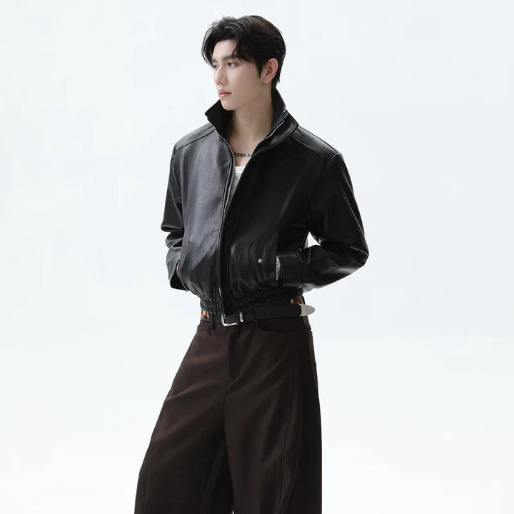 Oversized Leather Collared Short Jacket