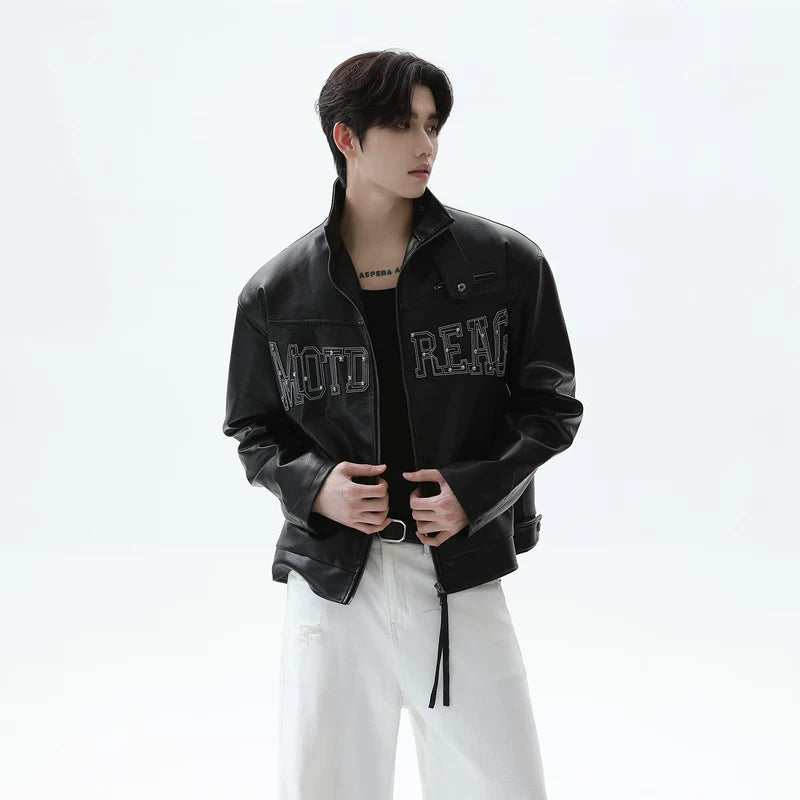 Studded Letter Leather Stand Collar Jacket