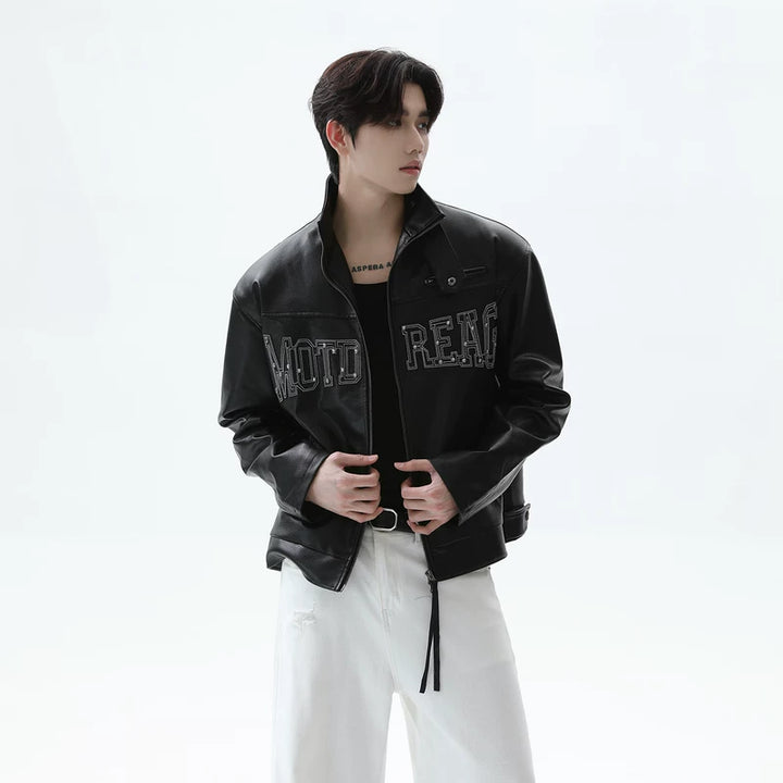 Studded Letter Leather Stand Collar Jacket