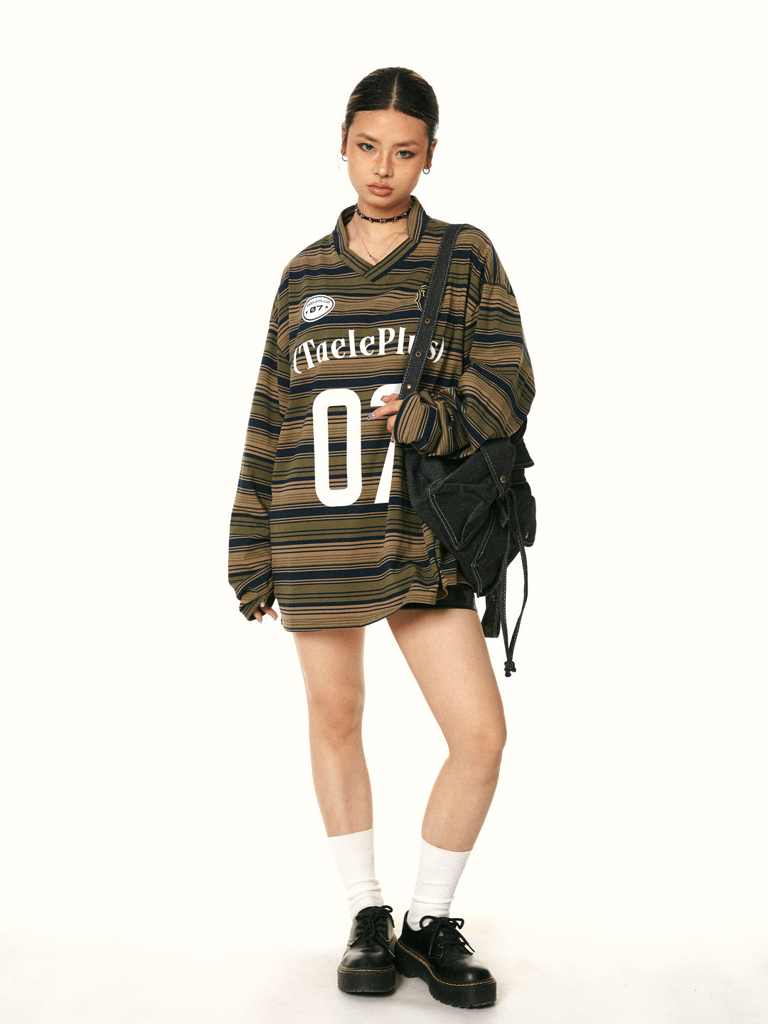V-Neck Striped Jersey Turtleneck Top