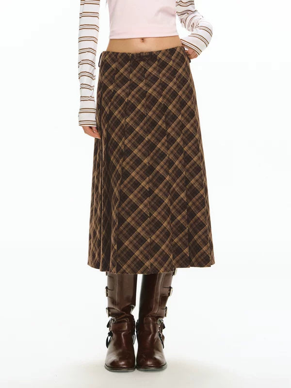 Gonna midi a trapezio a quadri 