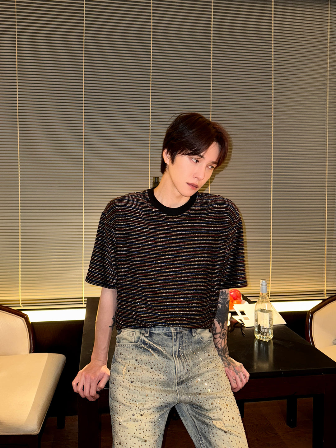 Sequined Crew Neck Striped T-shirt