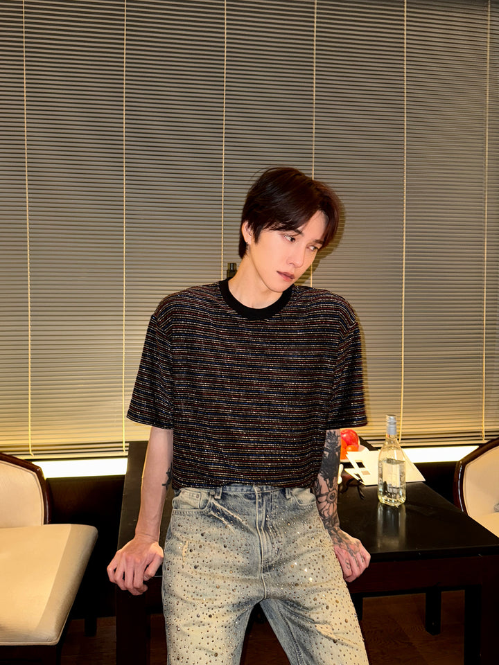 Sequined Crew Neck Striped T-shirt