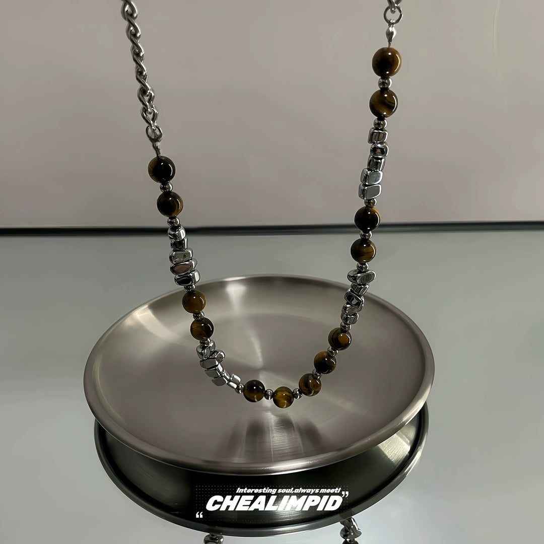 Tiger Eye Stone Silver Bead Necklace