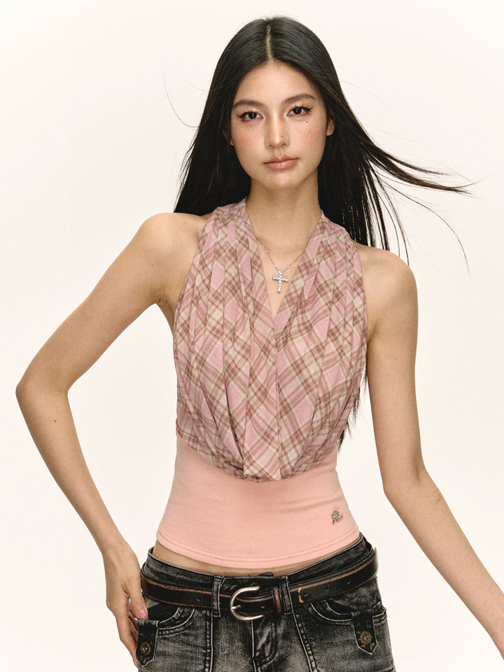 Plaid Draped Sleeveless Knit Tank Top